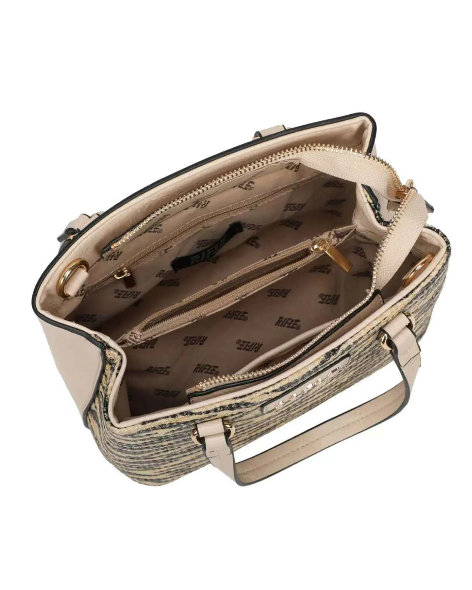 RIFLE - Borsa a due manici beige con tre scomparti interni e trama frontale zebrata a intreccio, tracolla removibile