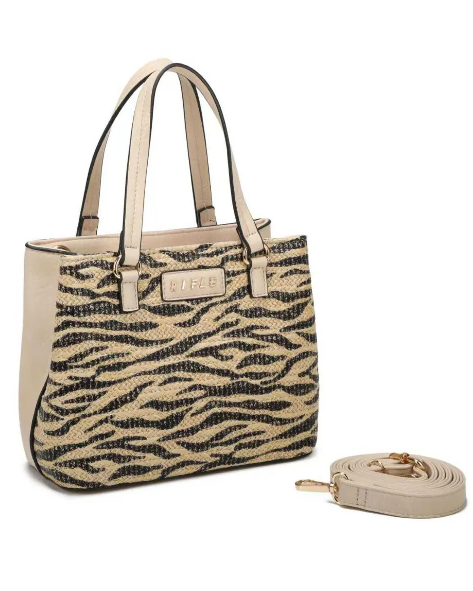RIFLE - Borsa a due manici beige con tre scomparti interni e trama frontale zebrata a intreccio, tracolla removibile