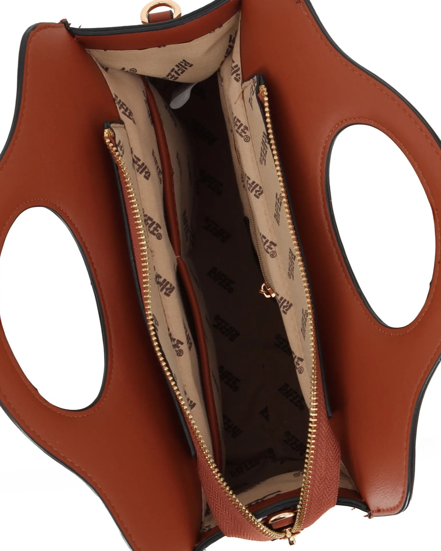 RIFLE - Borsa a due manici beige con tasca frontale e posteriore, tracolla removibile