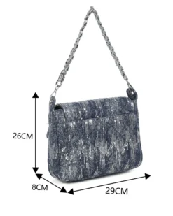 RIFLE - Borsa ad un manico in denim con patta e paillettes argentate, tracolla removibile