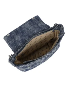 RIFLE - Borsa ad un manico in denim con patta e paillettes argentate, tracolla removibile