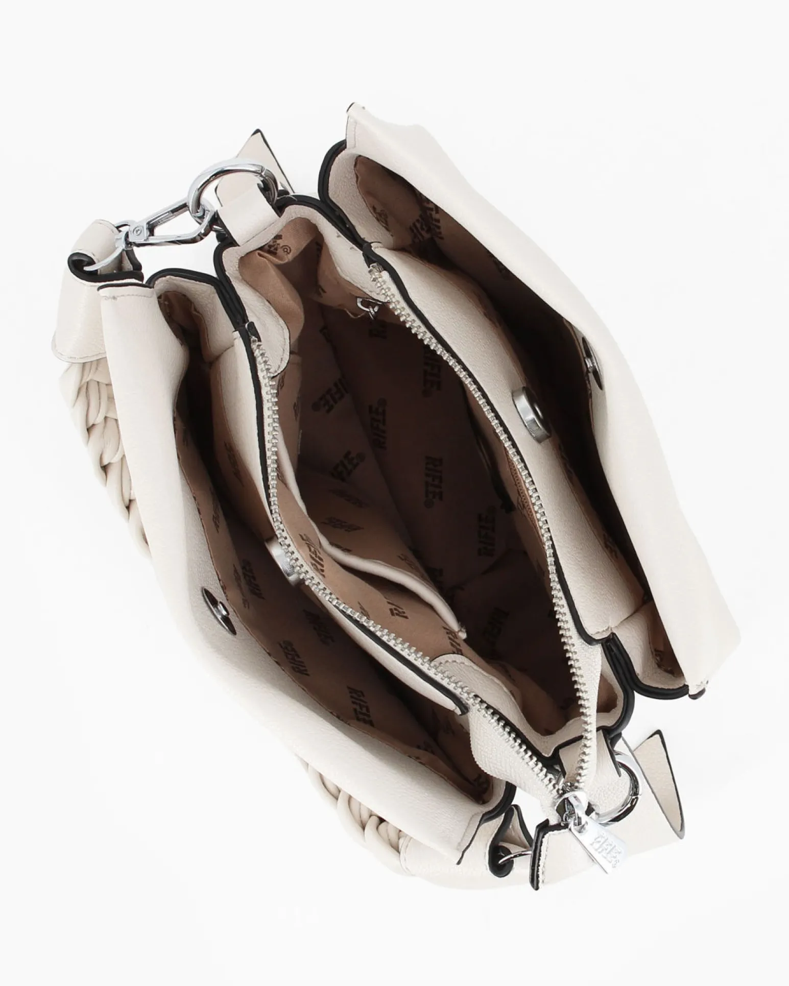 RIFLE - Borsa a mano beige con manico intrecciato e tre scomparti principali, tracolla removibile