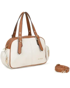 RIFLE - Borsa a mano beige/cuoio con tasche laterali e fibbie sui manici, tracolla removibile