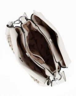 RIFLE - Borsa a mano bianca con manico intrecciato e tre scomparti principali, tracolla removibile