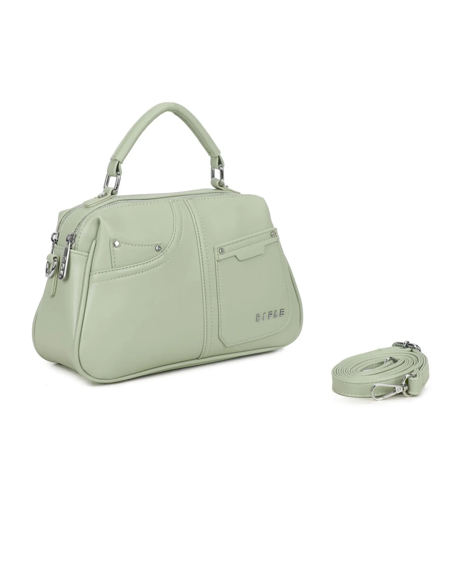 RIFLE - Borsa a mano verde salvia con due scomparti principali e finte tasche frontali, tracolla removibile