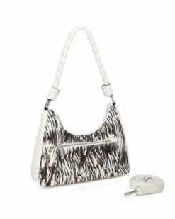 RIFLE - Borsa a spalla animalier bianca con manico intrecciato, tracolla removibile