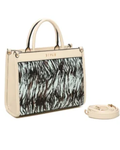 RIFLE - Borsa due manici animalier celeste con tasca posteriore, tracolla removibile