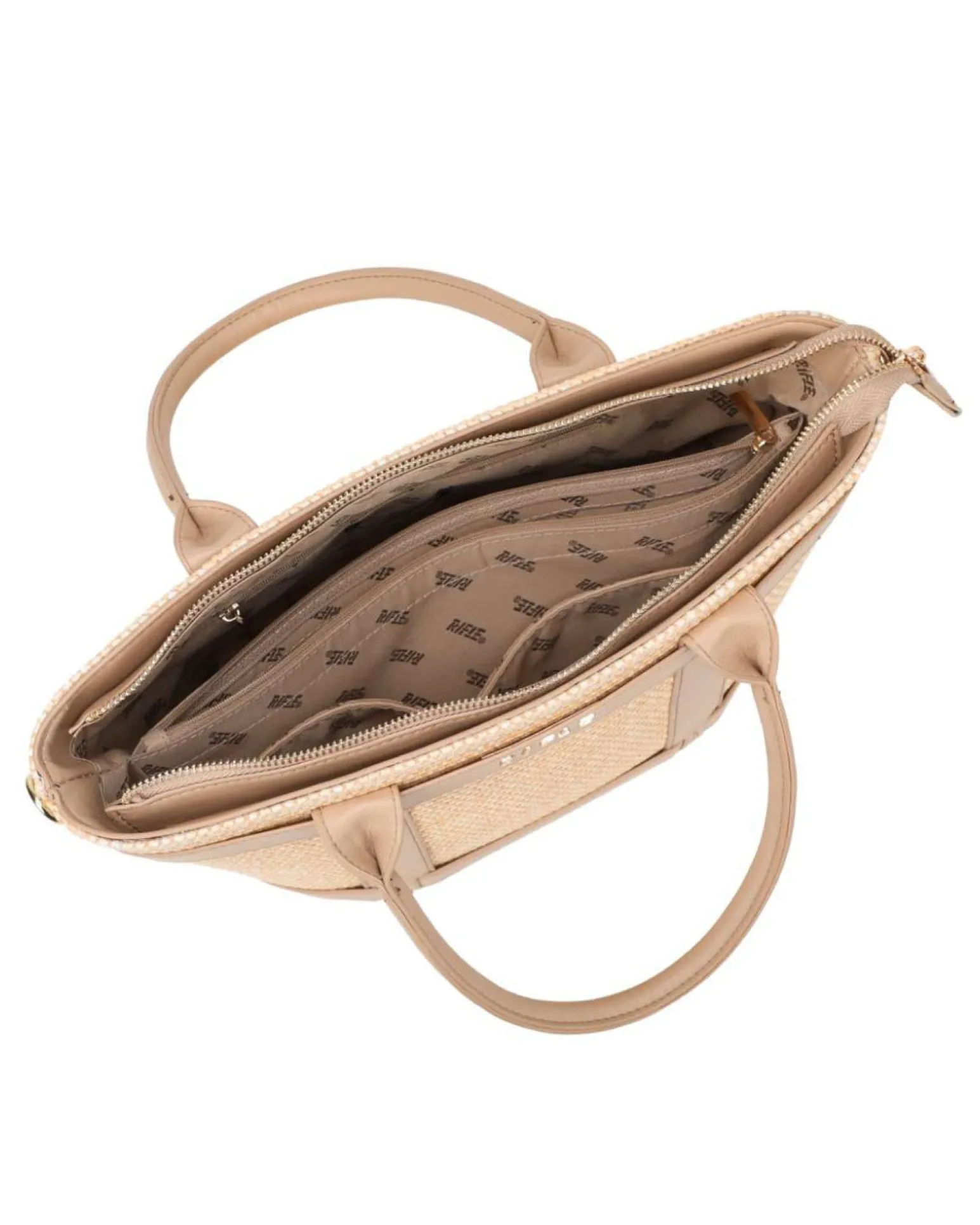 RIFLE - Borsa due manici beige con tre scomparti interni e trama ad intreccio, tracolla removibile