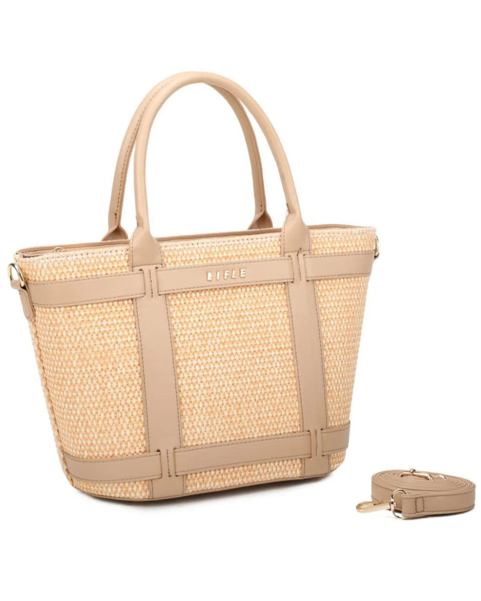 RIFLE - Borsa due manici beige con tre scomparti interni e trama ad intreccio, tracolla removibile