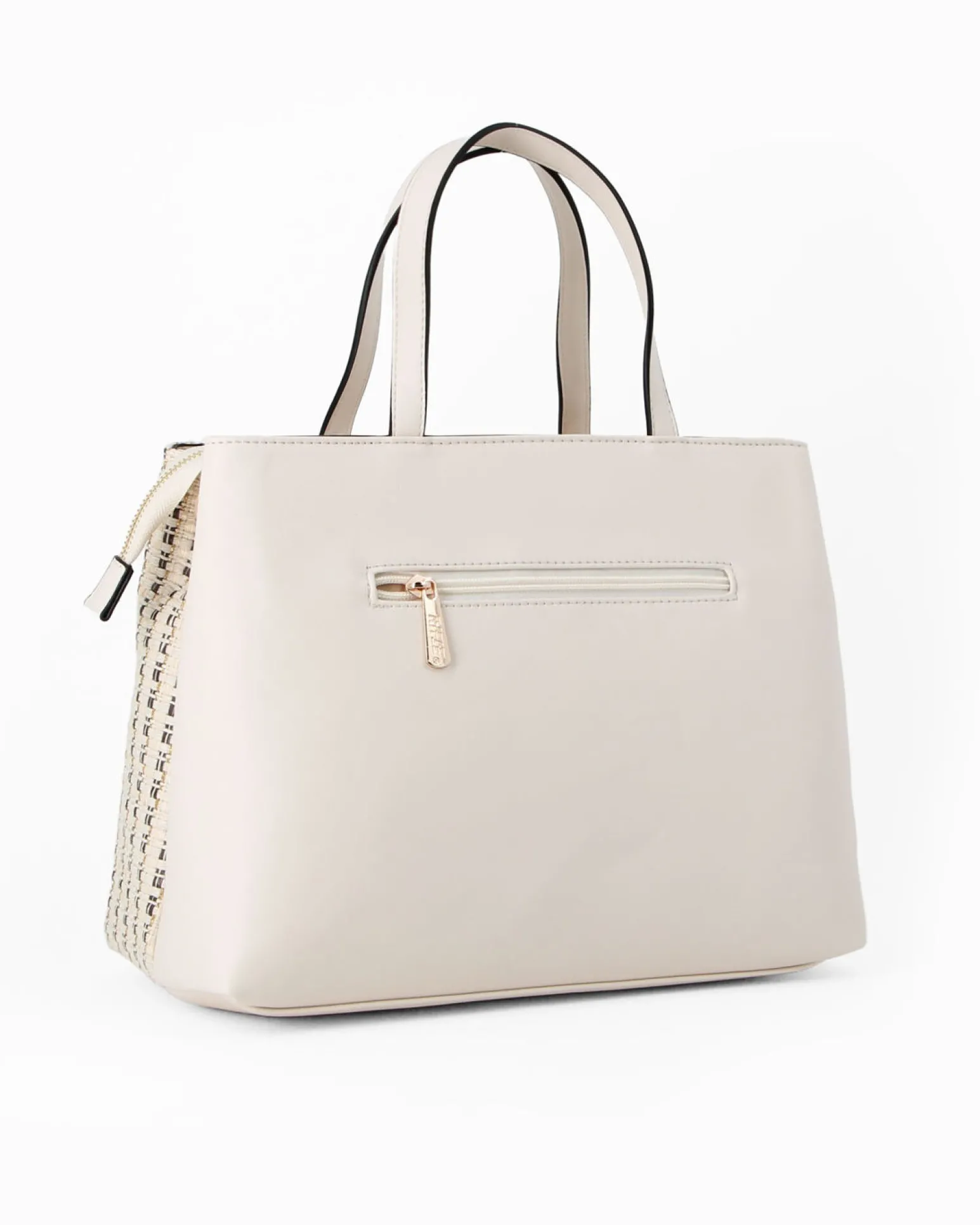 RIFLE - Borsa due manici beige con parte frontale intrecciata, tasca posteriore e tre scomparti interni, tracolla removibile
