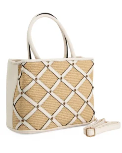 RIFLE - Borsa due manici beige con parte frontale in paglia, tracolla removibile