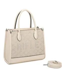RIFLE - Borsa due manici beige con tasca posteriore e strass, tracolla removibile