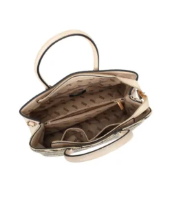 RIFLE - Borsa due manici beige con tre scomparti interni e trama frontale zebrata a intreccio, tracolla removibile