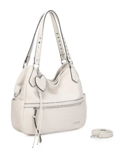 RIFLE - Borsa due manici beige con dettaglio cuore pendente, tracolla removibile