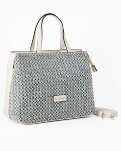 RIFLE - Borsa due manici blu con parte frontale intrecciata, tasca posteriore e tre scomparti interni, tracolla removibile