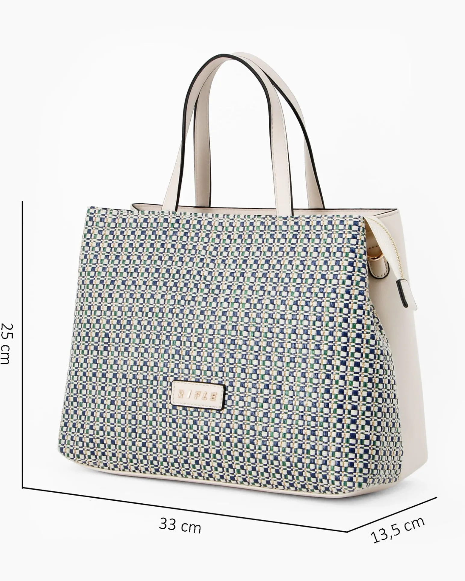 RIFLE - Borsa due manici blu con parte frontale intrecciata, tasca posteriore e tre scomparti interni, tracolla removibile
