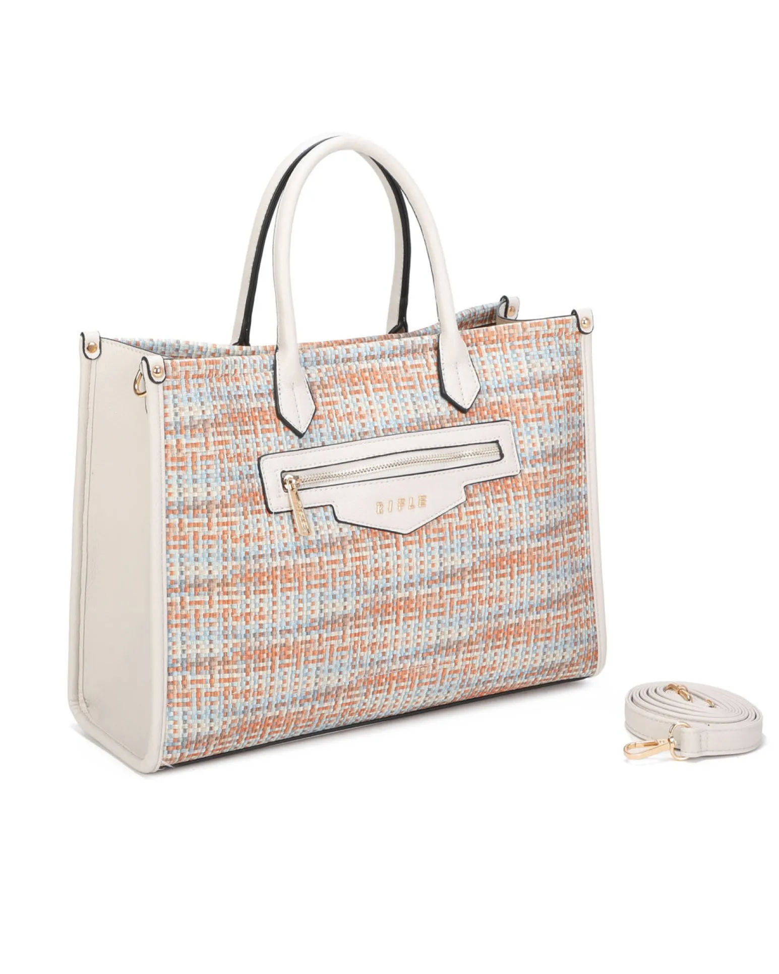 RIFLE - Borsa due manici multicolor effetto intreccio con tre scomparti principali e tasca frontale, tracolla removibile