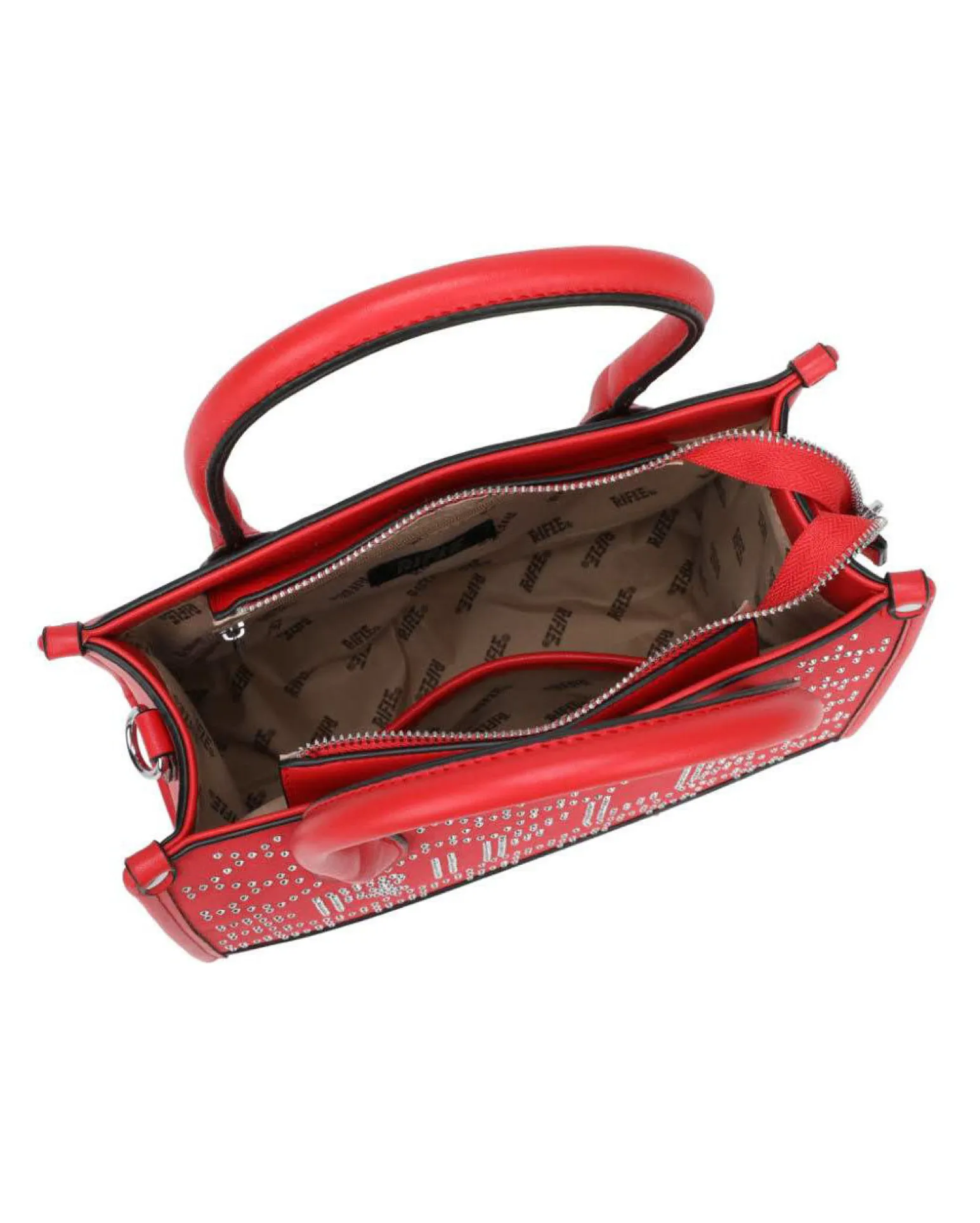 RIFLE - Borsa due manici rossa con tasca posteriore e strass, tracolla removibile