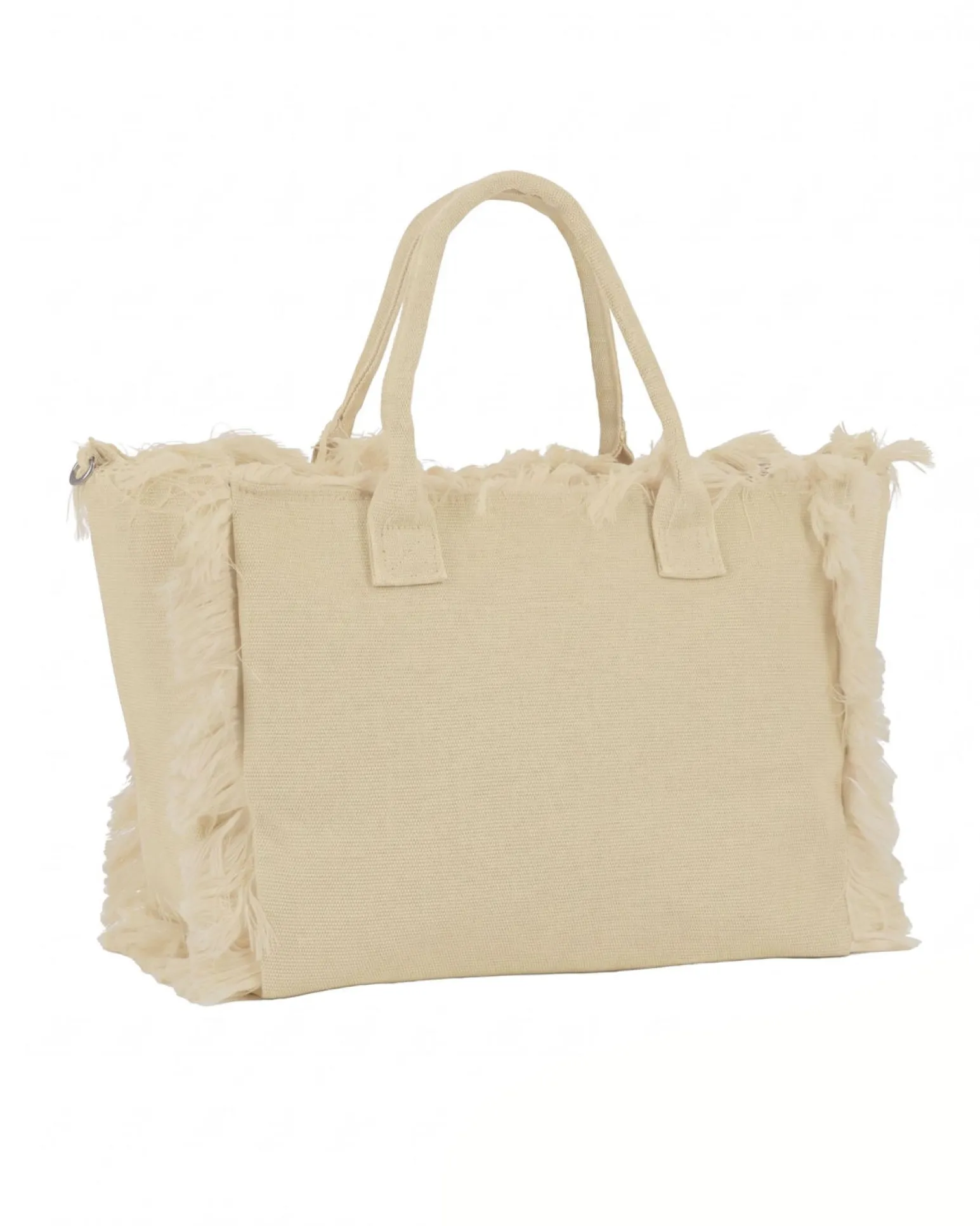 RIFLE - Borsa mare in tessuto beige con frange e logo bianco sul davanti, tracolla removibile