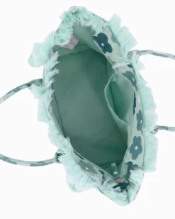 RIFLE - Borsa mare in tessuto verde con stampa floreale e bordi sfrangiati, tracolla removibile
