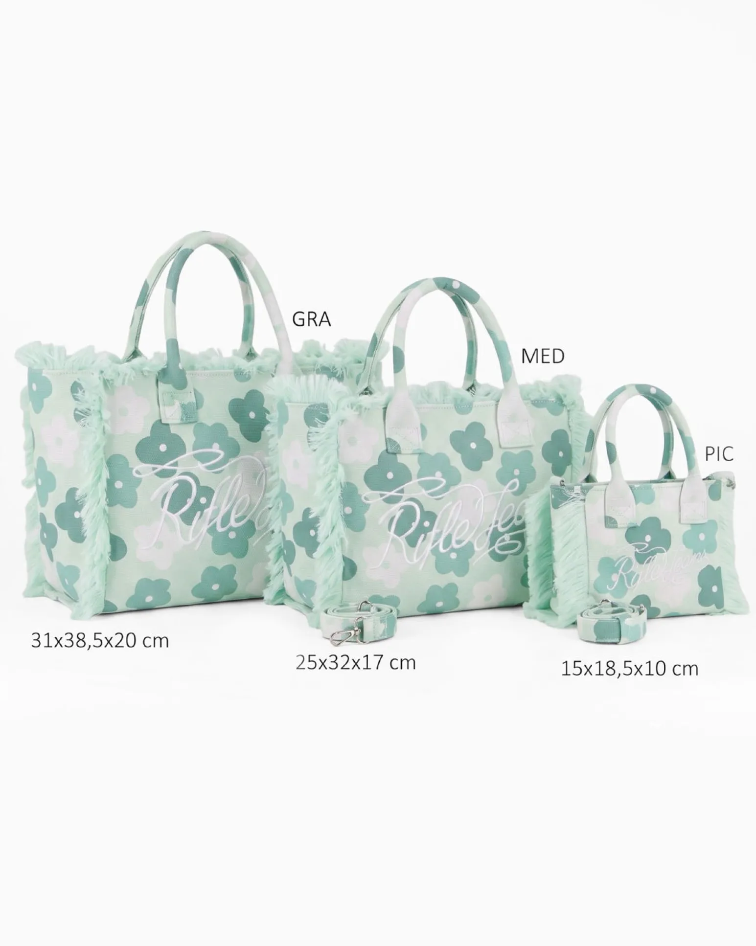 RIFLE - Borsa mare in tessuto verde con stampa floreale e bordi sfrangiati, tracolla removibile