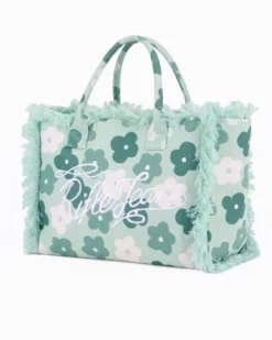 RIFLE - Borsa mare in tessuto verde con stampa floreale e bordi sfrangiati, tracolla removibile