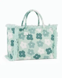 RIFLE - Borsa mare in tessuto verde con stampa floreale e bordi sfrangiati, tracolla removibile