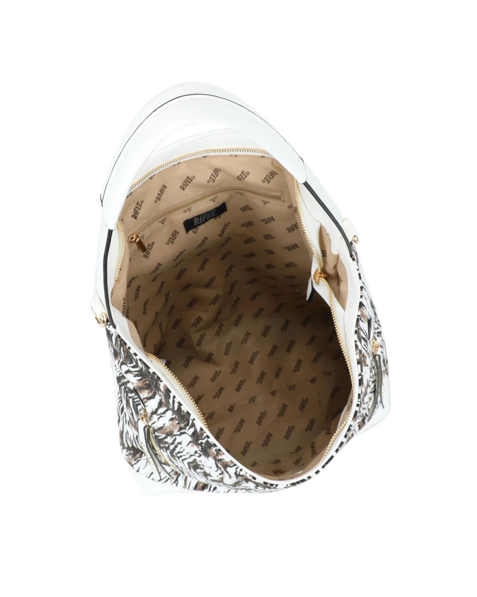 RIFLE - Borsa sacca animalier bianca con tasche frontali e mini pattina con borchie, tracolla removibile