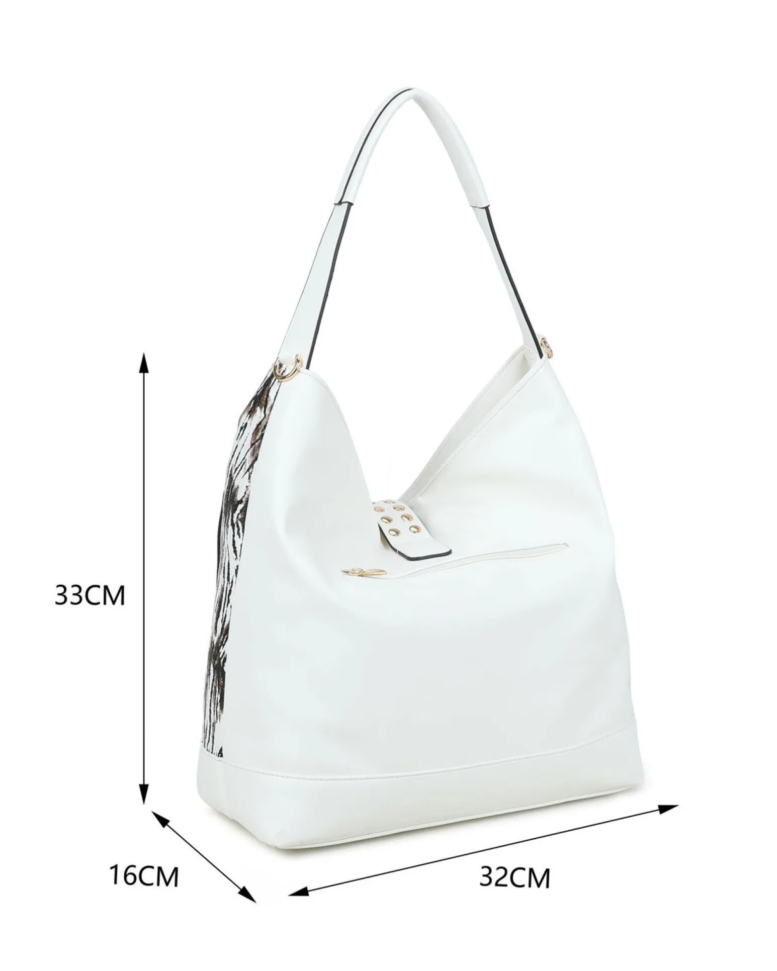 RIFLE - Borsa sacca animalier bianca con tasche frontali e mini pattina con borchie, tracolla removibile