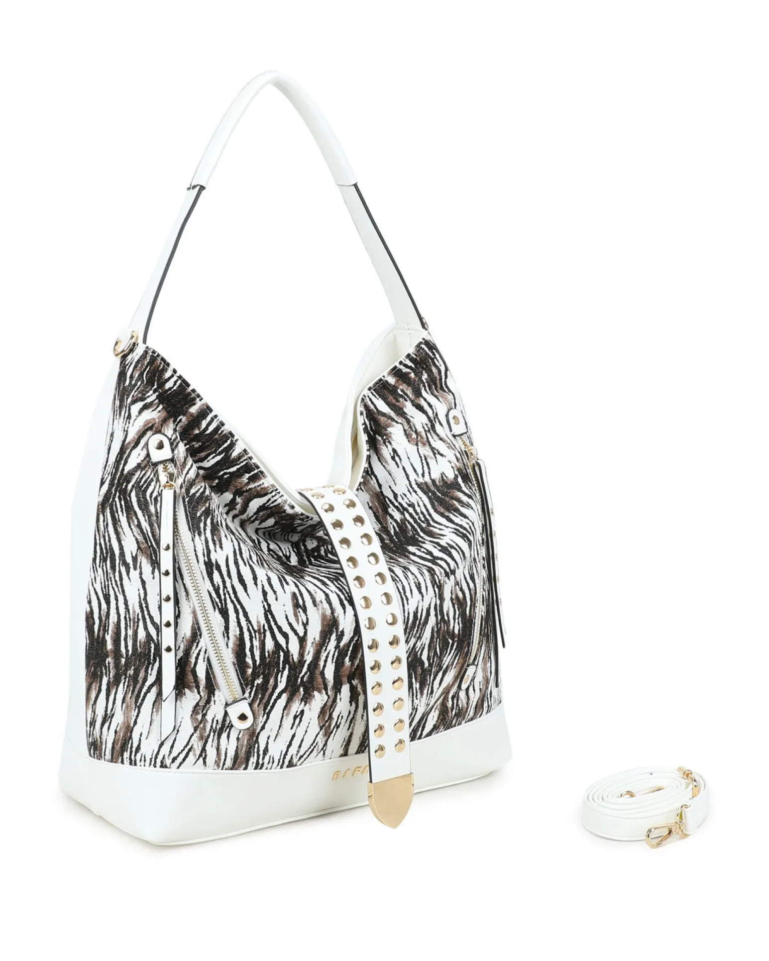 RIFLE - Borsa sacca animalier bianca con tasche frontali e mini pattina con borchie, tracolla removibile