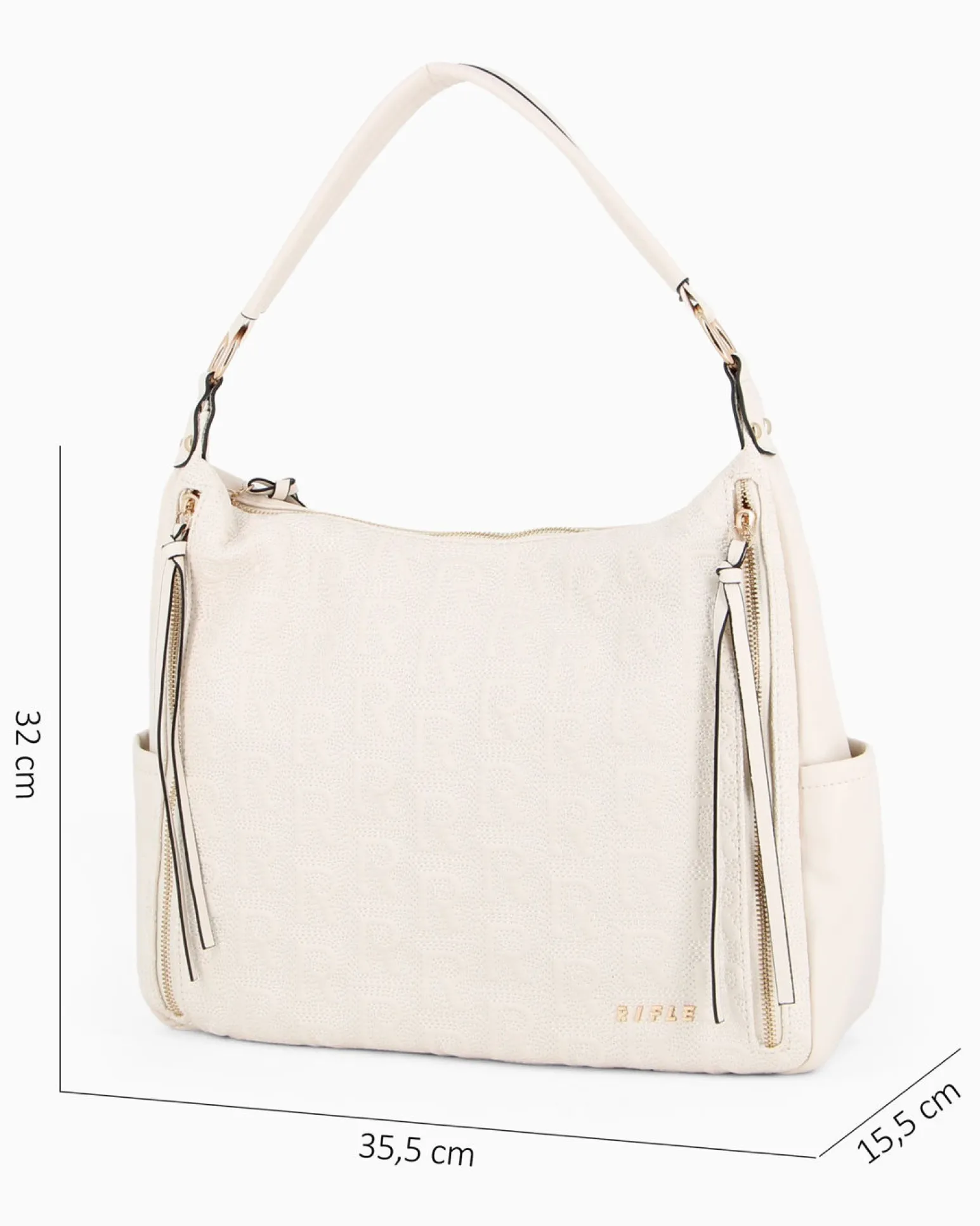 RIFLE - Borsa sacca beige logata con zip frontali, vericali e tasche laterali, tracolla removibile
