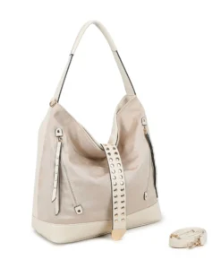 RIFLE - Borsa sacca nude con tasche frontali e mini pattina con borchie, tracolla removibile