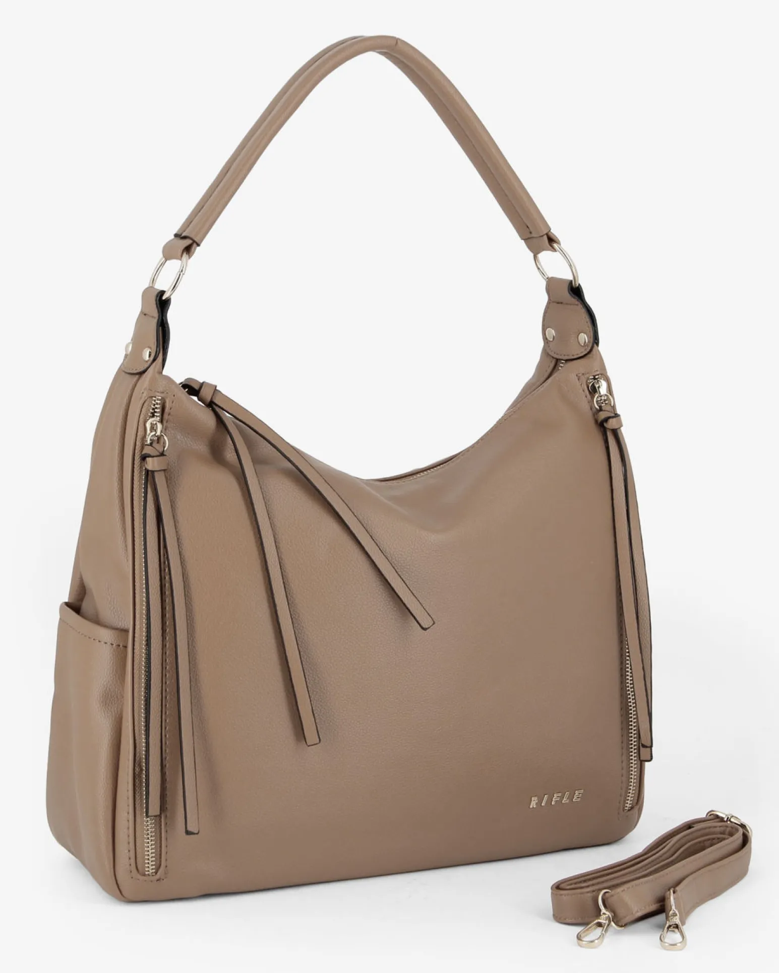 RIFLE - Borsa sacca taupe con zip frontali verticali e tasche laterali, tracolla removibile