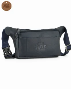 RIFLE - Marsupio blu da uomo in VERA PELLE con doppia tasca frontale