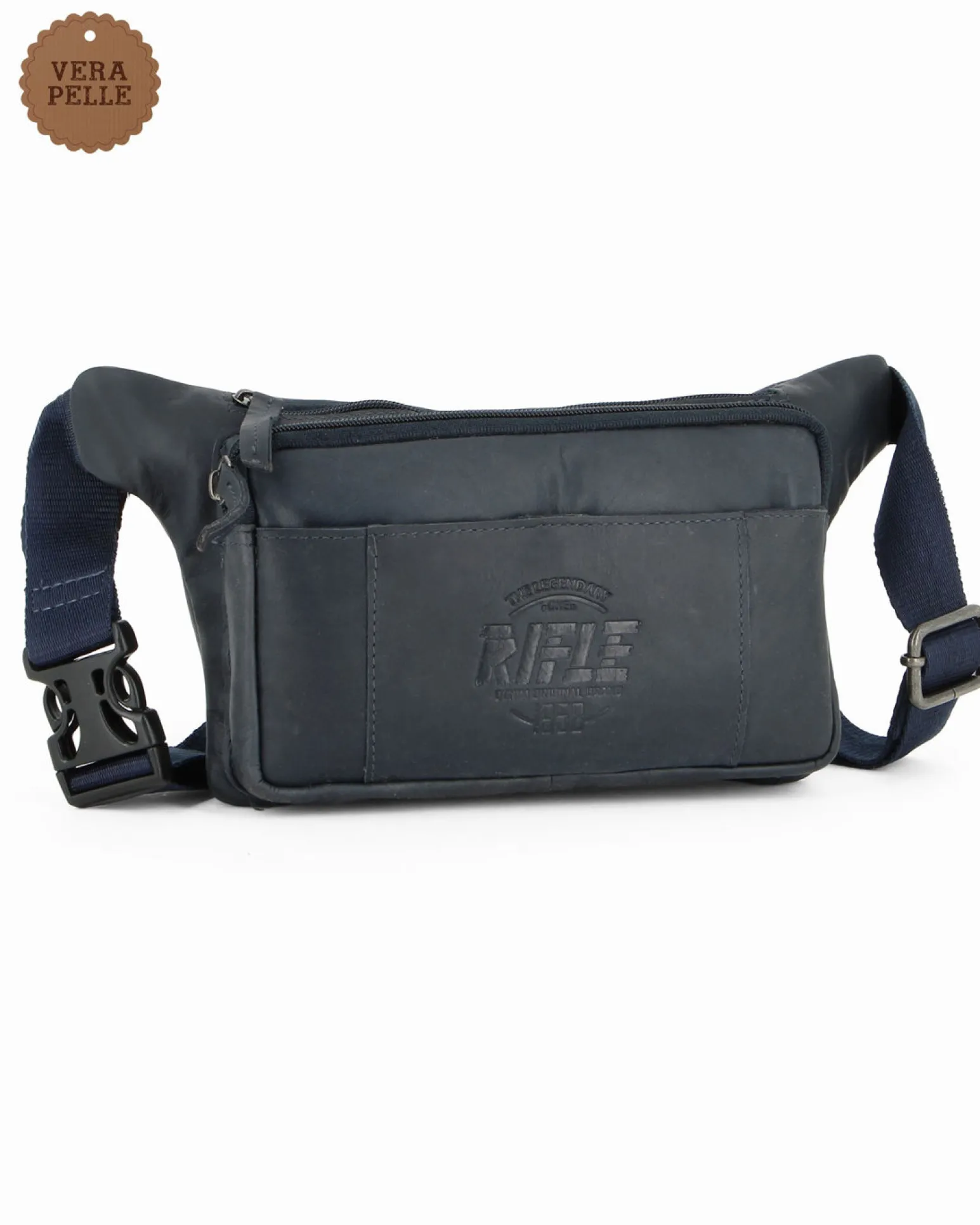 RIFLE - Marsupio blu da uomo in VERA PELLE con doppia tasca frontale