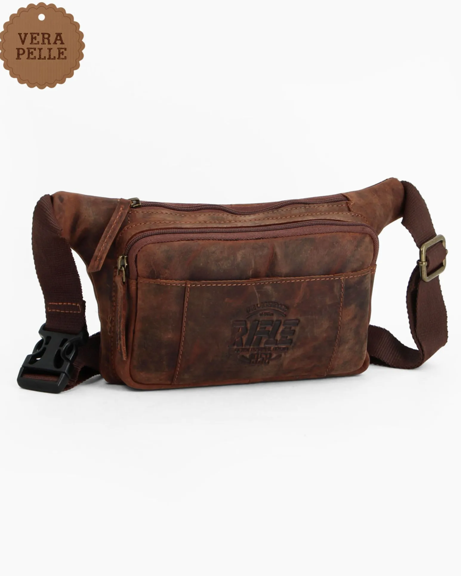 RIFLE - Marsupio cognac da uomo in VERA PELLE con doppia tasca frontale