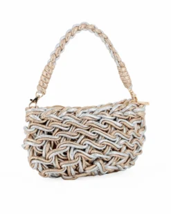RIFLE - Minibag ad un manico in corda intrecciata champagne e argento , tracollina removibile