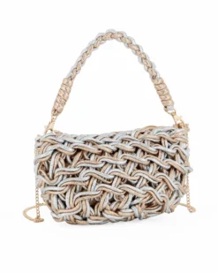RIFLE - Minibag ad un manico in corda intrecciata champagne e argento , tracollina removibile