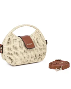 RIFLE - Minibag rigida beige in paglia con pattina, tracolla removibile