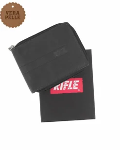 RIFLE - Portafoglio nero in VERA PELLE con chiusura a zip