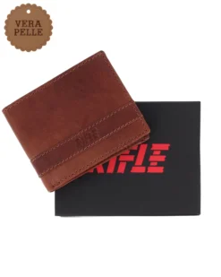 RIFLE - Portafoglio uomo cognac con logo frontale e ribaltina in VERA PELLE