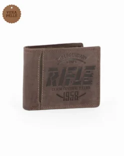 RIFLE - Portafoglio uomo cognac con logo frontale e ribaltina in VERA PELLE