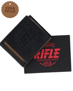 RIFLE - Portafoglio uomo nero con logo frontale e ribaltina in VERA PELLE