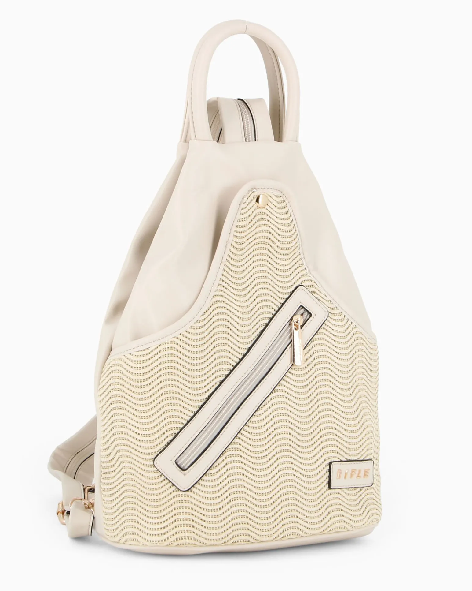 RIFLE - Zaino beige due manici con tasca frontale effetto paglia e spalline regolabili con zip