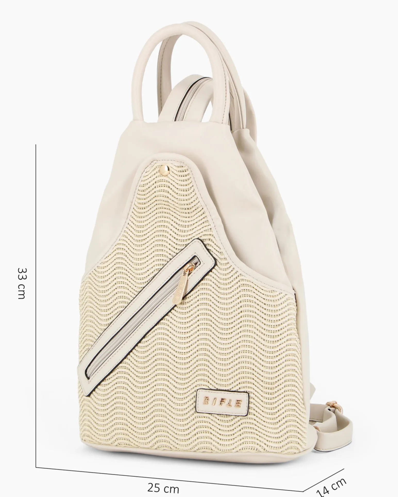 RIFLE - Zaino beige due manici con tasca frontale effetto paglia e spalline regolabili con zip