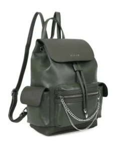 RIFLE - Zaino verde multitasche con coulisse e patta, dettaglio catenina