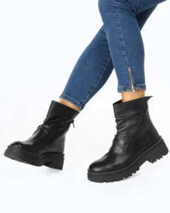ROXY ROSE - Stivaletto nero in VERA PELLE con zip diagonali e gambale arricciato, tacco 4,5CM - MADE IN ITALY
