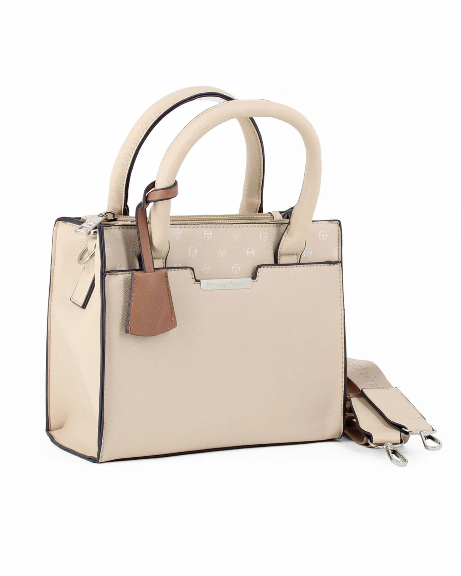 SERGIO TACCHINI - Borsa due manici blu con tasca frontale e tre scomparti interni, tracolla e ciondolo portachiavi removibili