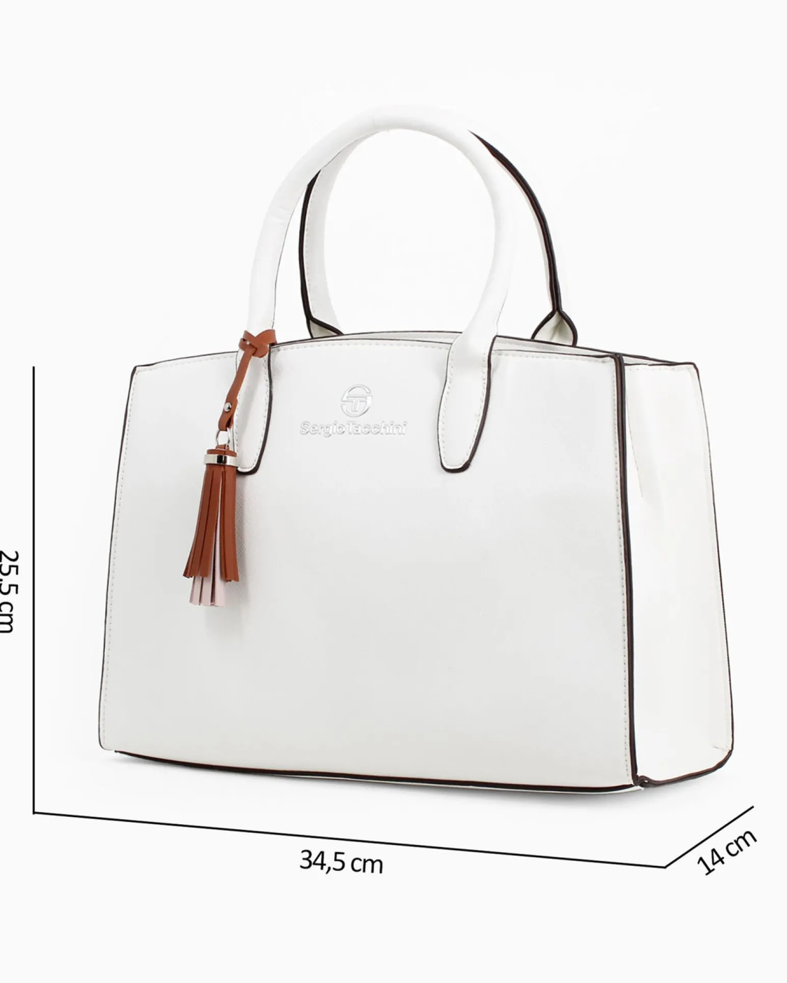 SERGIO TACCHINI - Borsa due manici bianca con pennacchio a frange e tre scomparti principali, tracolla removibile