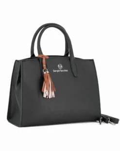 SERGIO TACCHINI - Borsa due manici nera con pennacchio a frange e tre scomparti principali, tracolla removibile